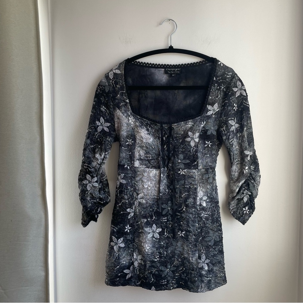 Silver Floral Rusched Top Crochet Collar Party Blouse